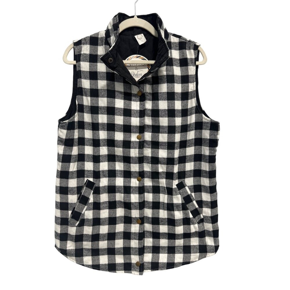 Sunshine and Rodeos Plaid Snap Front Quilted Vest Womens Large Black White NEW